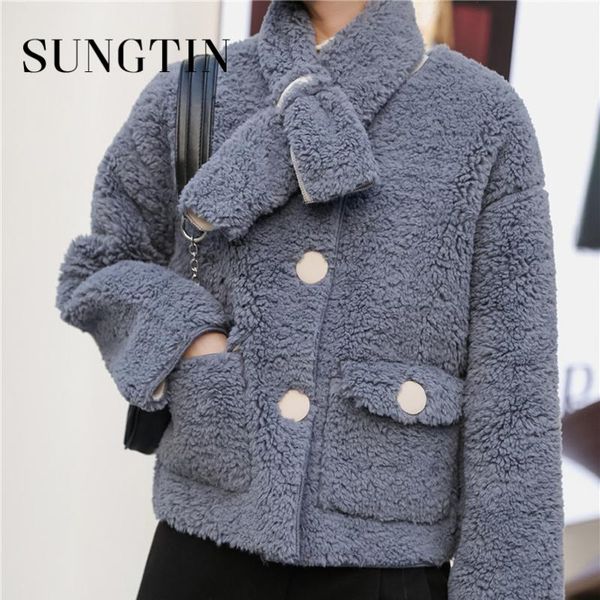 

sungtin faux lamb wool coat with scarf women winter warm solid vintage jacket simple loose fashion short fluffy outerwear korean, Black