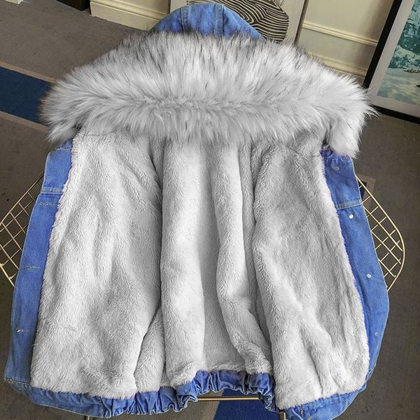 

winter female fashion coat oversize fur collar hooded rabbit hair thinck warm denim padded jacket women 201028, Black;brown