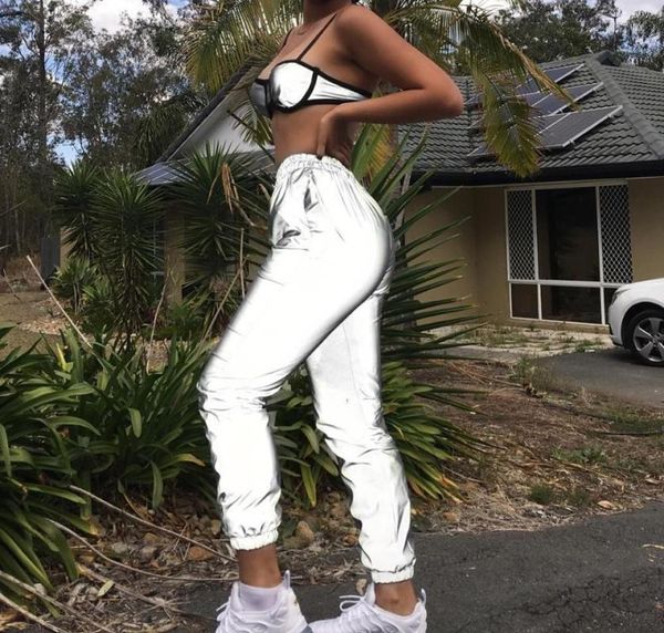 

women reflective pants joggers soft female running loose feet in the spring night sports pantalones de mujer kg-677, Black;white