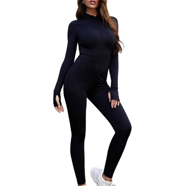 

solid black long sleeve sport jumpsuit women high elastic outfit bodycons fitness tight sportwear slim rompers streetwear female, Black;blue