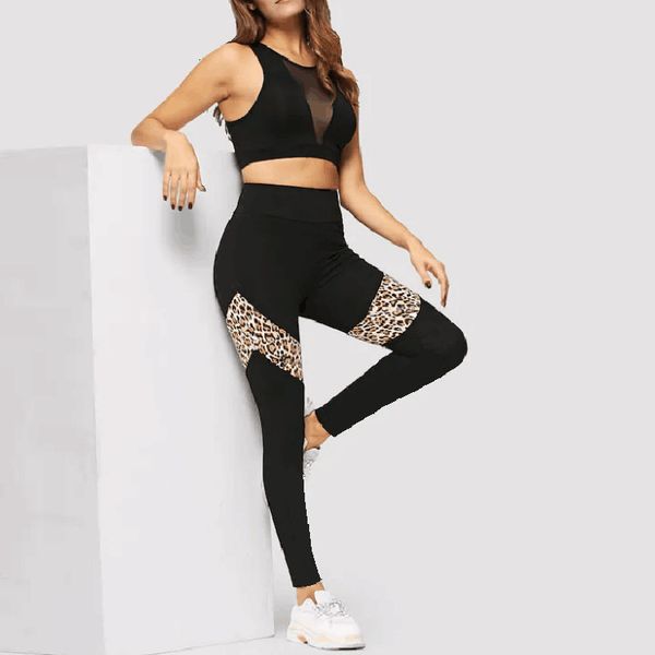 

l2093 leopard print stitching leggings stretch fitness yoga pants capris, Black
