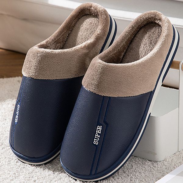 

men slippers home winter indoor warm shoes thick bottom plush waterproof leather house slippers man cotton shoes 2022 new, Black