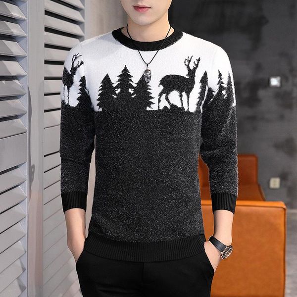 

2020 new winter christmas sweater christmas tree deer print men's casual sweater or neck slim pull men's, White;black
