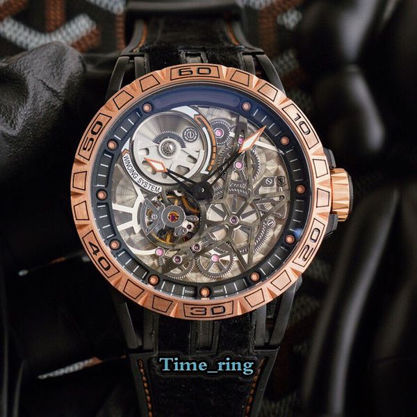 

high version excalibur rddbex0508 skeleton dial rose gold steel case automatic mechanical movement mens watch leather strap sport watches, Slivery;brown