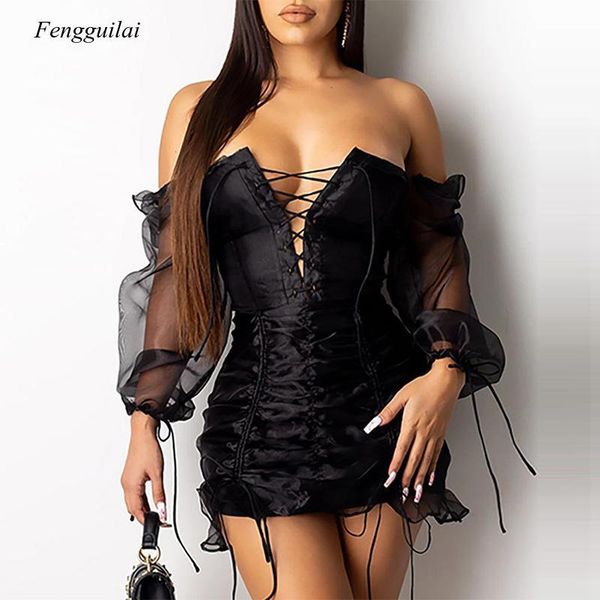 

lace-up drawstring design ruched dress women bandage bodycon mini party dresses vestidos de fiesta, Black;gray