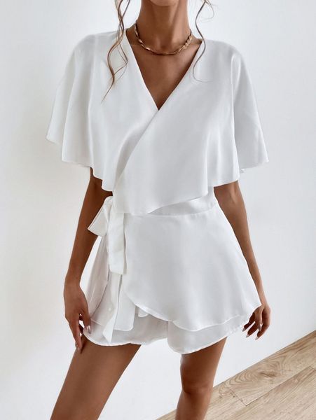 

ruffle wrap solid satin romper b9bv#, White