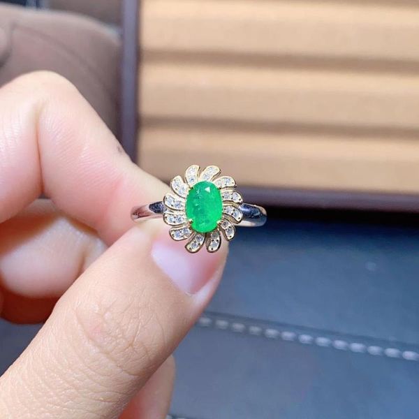 

cluster rings shilovem 925 sterling silver real natural emerald fine jewelry women trendy wedding open wholesale 5*7mm jcj0507999agml, Golden;silver