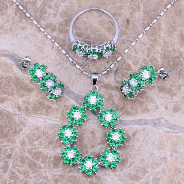 

green cubic zirconia white cz silver plated jewelry sets earrings pendant ring size 6 / 7 / 8 9 10 s0150
