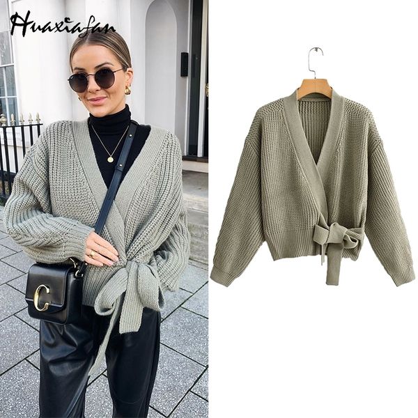 

huaxiafan cardigans solid belt sweaters women autumn outwear casual elegant v neck puff sleeves vintage warm cardigans new y200720, White;black