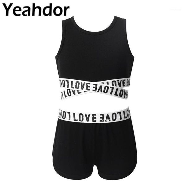 

kids teens girls gymnastics ballet outfit sleeveless crop with bottoms children sportswear workout tankini tracksuit set1, Black;red