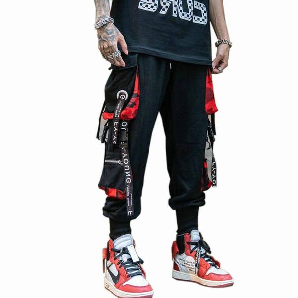 

men's pants streetwear trousers pocket loose hip hop fashion jogging casual, Black