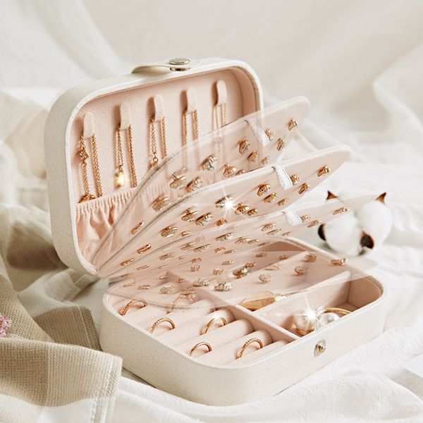 

protable leather jewelry storage box earrings ring necklace case jewel packaging travel cosmetics beauty organizer container box