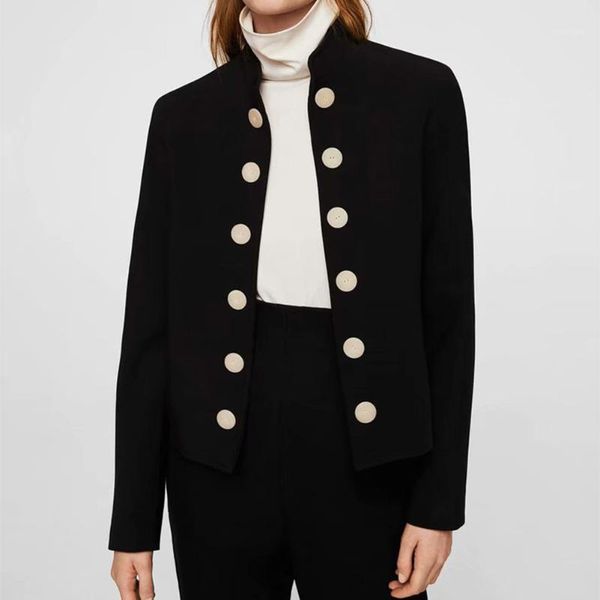 

black jacket women autumn 2020 solid stand collar blazer button short outerwear female vintage blazer women coat autumn jacket1, White;black