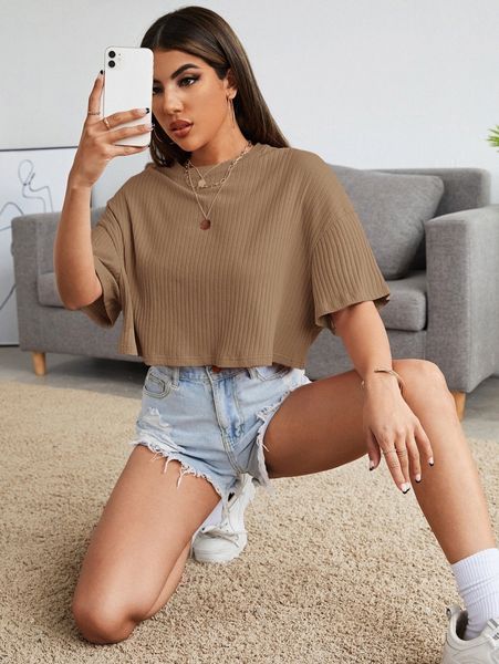 

drop shoulder solid rib-knit crop tee f0fr#, White
