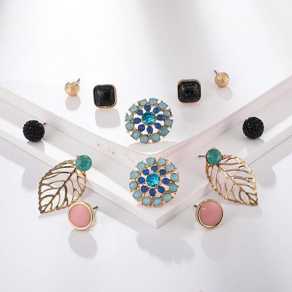 

stud women vintage earrings set mixed for bohemian color leaf flower stone statement hang brincos jewelry wholesale, Golden;silver