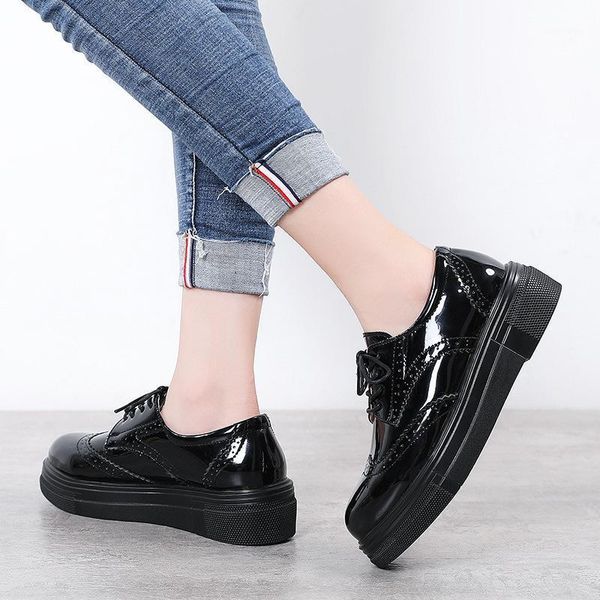 

dress shoes women pumps mid heels shiny pu leather female mujer sapato feminino flatform wedges office ladies british flat woman nh3451, Black
