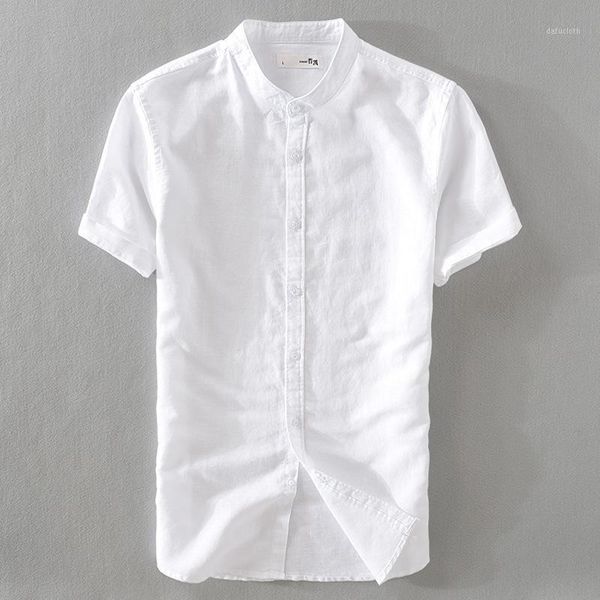 

cotton linen men short sleeve shirts fashion solid white stand collar man comfortable business men casual shirts1, White;black