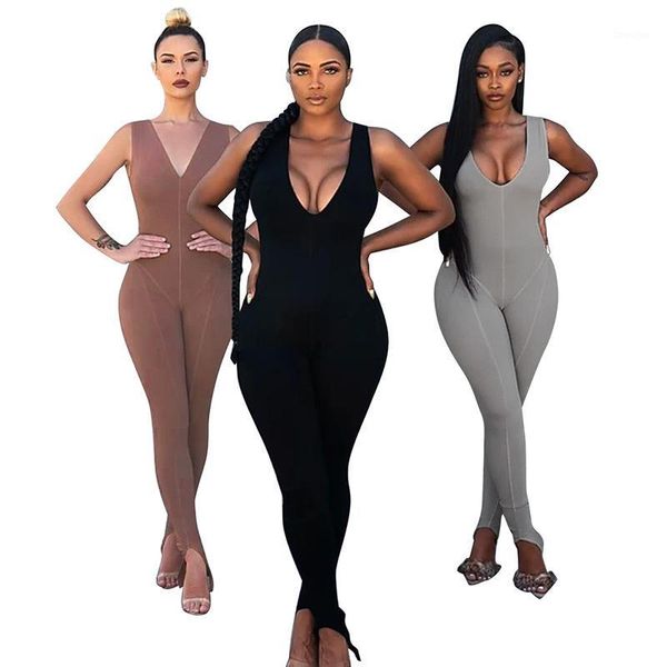

split solid casual jumpsuit women skinny fitness sleeveless v neck backless streetwear activewear outfits black gray1, Black;white