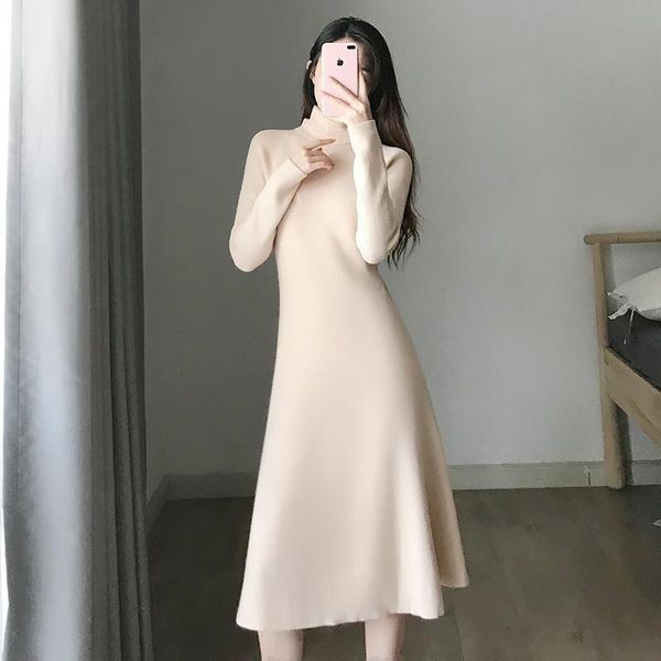 

women knit casual dresses elegant ol turtleneck slim long sweater dress autumn winter solid dress female a-line basic dress 201126, Black;gray