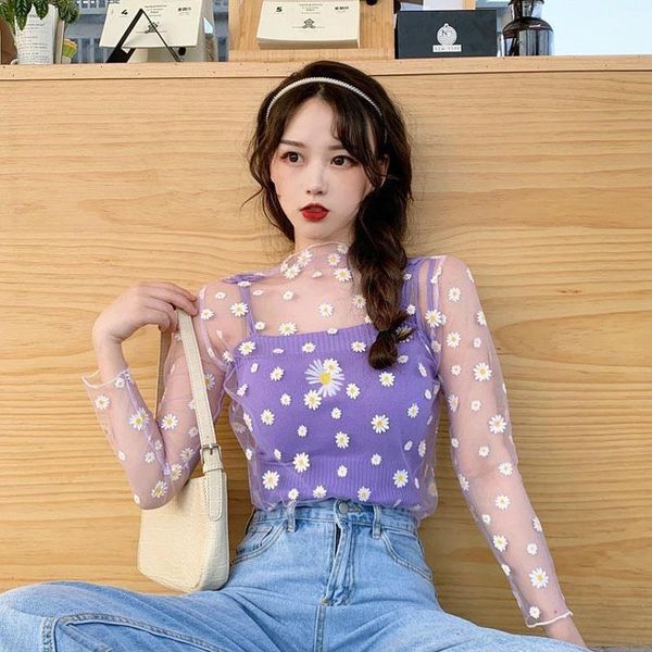 

korean style long sleeve mesh blouse women cute floral print see-through shirts summer female fashion o neck blouses, White