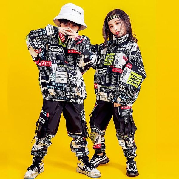

stage wear kid hip hop clothing turtleneck print sweatshirt spaper shirt tactical cargo pants for girl boy dance costume set clothes, Black;red