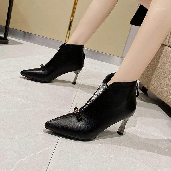 

stiletto pointed toe ankle boots women pumps rhinestone solid color knight boots winter women shoes zapatillas mujer 20211, Black