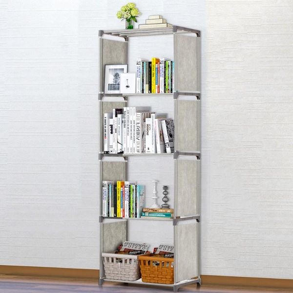 

hooks & rails 5-shelf bookcase grey book shelves iron tubes non-woven fabrics bookshelf storage bin books display shelving unit organizer ra