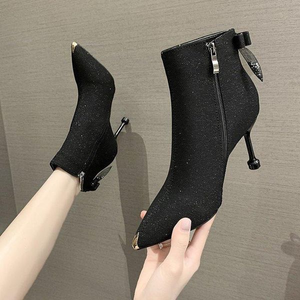 

white ankle boots booties woman 2020 high heels brand women's shoes boots-women winter footwear zipper bling bling low stiletto, Black