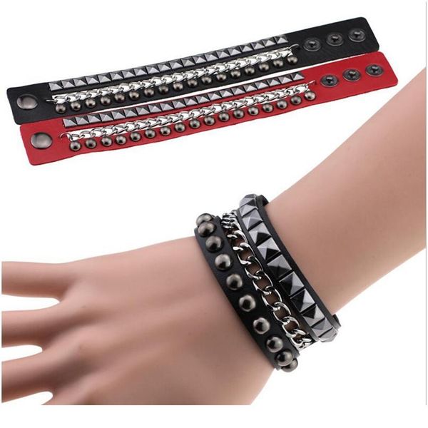 

fashion multilayers rock spikes rivet chains gothic punk wide cuff leather bracelet bangle men bracelets jewelry p qylghg, White
