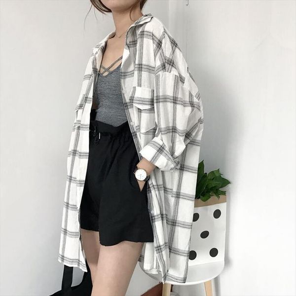 

spring new big клетчатой ​​рубашки женщина длинной длина корейского полный рукав тонкого blusas вскользь сыпучих пальто feme harajuku одежда, White