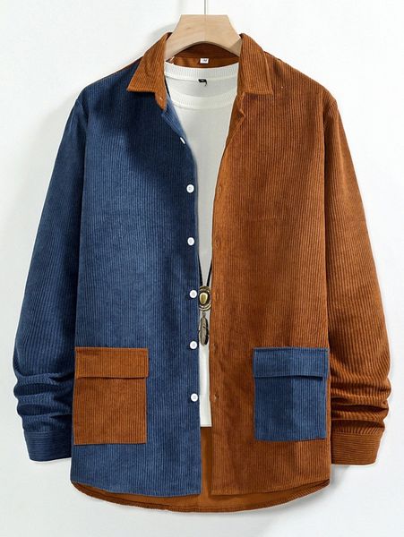 

romwe guys colorblock corduroy button front pocket shirt x2co#, White;black