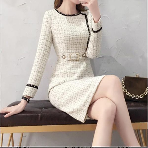 

2021 new tweed dress women spring vintage wool plaid dresses female elegant woolen dress ladies office, Black;gray