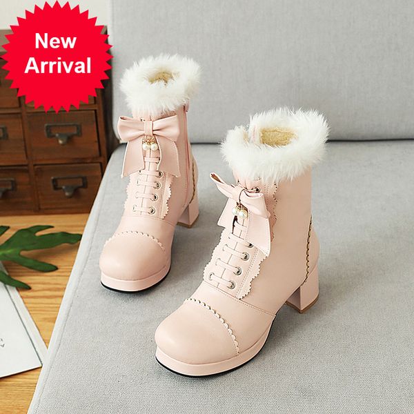 

2021 the new sweet princess-toe-round-foot winter snow warm bowknot zipper mid-heel loop chunky ankle boots women's shoes ejfi, Black
