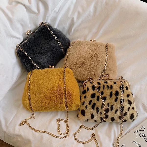

korean fashion sweet lady leopard bag 2020 winter new quality soft plush women's designer handbag chain shoulder messenger bags