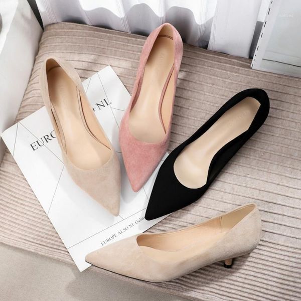 

2020 women high heels shoes woman small thin heeled 3.5cm solid faux suede pointed toe pumps slip ons office lady career shoe1, Black