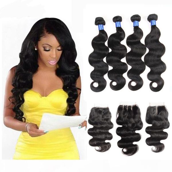 

brazilian body wave human hair weaves extensions 4 bundles with closure middle 3 part double weft dyeable bleachable 100g pc dhl, Black