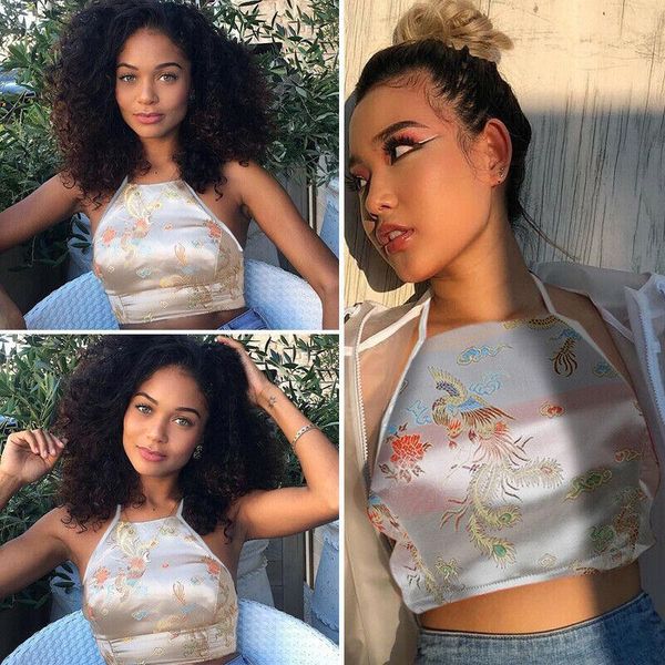 

womens embroidery vintage silver off shoulder halter lace up short vest camisole sleeveless drop shipping good quality, White