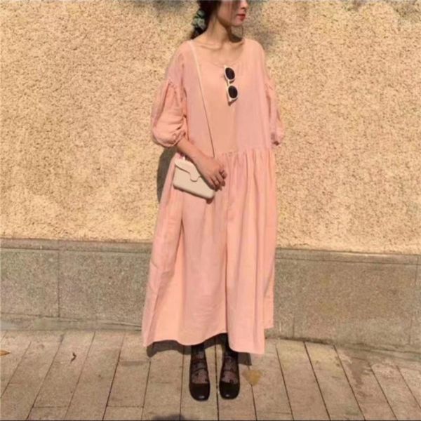 

women spring solid color long princess dress puff sleeve back buttons pullover loose plus size french vintage dresses1, Black;gray