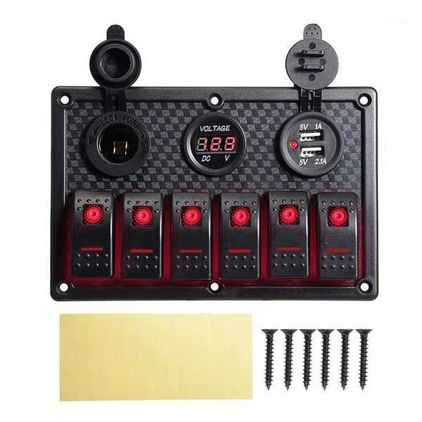 

6 gang red led car switch panel 12v 24v circuit breakers overload protect boat rocker switch control panel set1