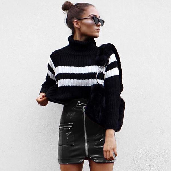 

women fashion high waist skirts above knee mini women's double pocket elastic waist pu faux leather skirt1, Black