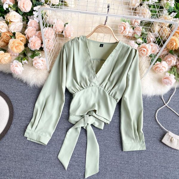 

korean 2020 autumn winter new short women fashion v-neck long-sleeve wearing shirt solid color blouse p759, White