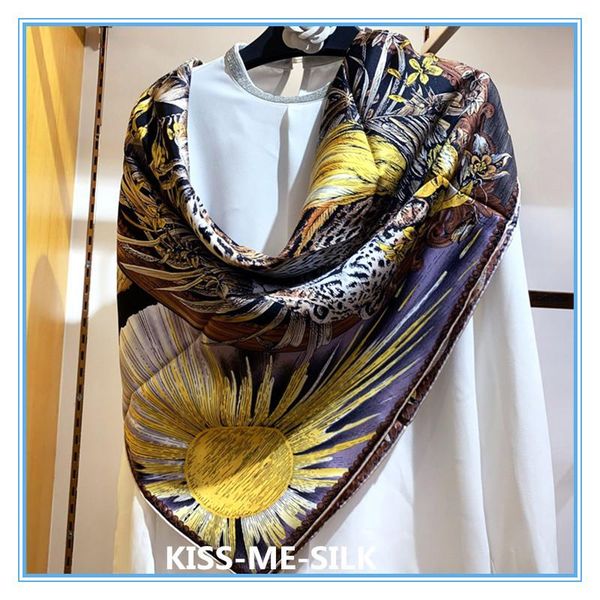 

kms moonlight leopard silk twill scarf large square scarf sunscreen shawl for women 90*90cm/50g, Blue;gray