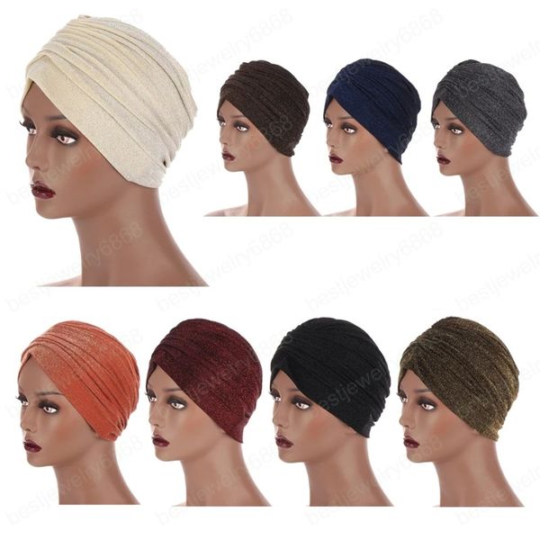 Turban-Kappe, glänzend, schimmernd, glitzernd, Indien-Hut, muslimischer Hijab, Damen, Chemo-Kopftuch, Motorhaube, islamische arabische Damen-Mütze, plissiert, elastisch, neu