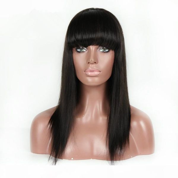 

full lace wigs & lace front wigs 100% brazilian human hair straight with bangs no shedding with baby hair along the perimeter, Black;brown