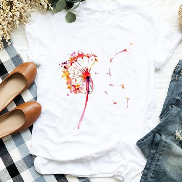 

women lady watercolor dandelion casual plant printing 90s print tshirt shirt clothes graphic female t tee womens t-shirt, White