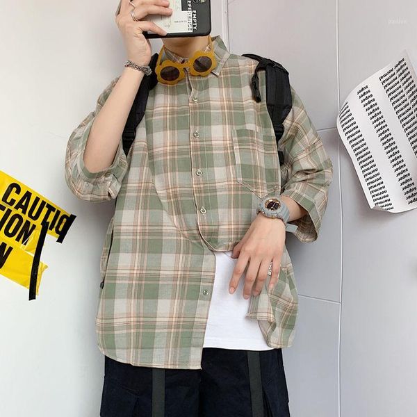 

2020 summer new youth popular korean version of ins loose lattice 3/4 sleeve shirt fashion casual plus size shirt jacket -2xl1, White;black