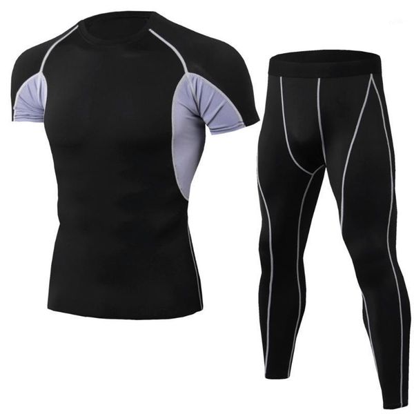 

gym clothing 2pcs / sets men suit rashguard male kit compression song-sleeved t-shirt + leggings tracksuit men1, White;black