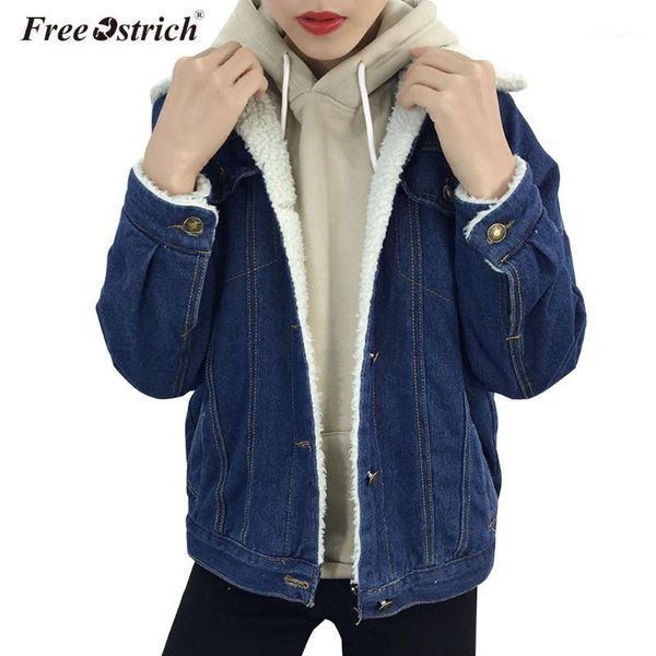 

ostrich women's thick jeans jacket denim fleece faux fur collar coat women 2019 winter padded warm coats outwear n301, Black;brown