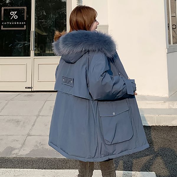 

korean style solid hooded long jacket women oversized thick parkas female winter fur collar loose cotton padded women's coats