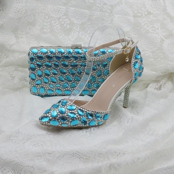 

sky blue luxury rhinestone wedding shoes with matching bag anckle strap shoes woman pointed toe high heels big size 34-42, Black